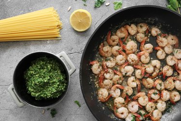 Kale pesto pasta with lemon garlic shrimp