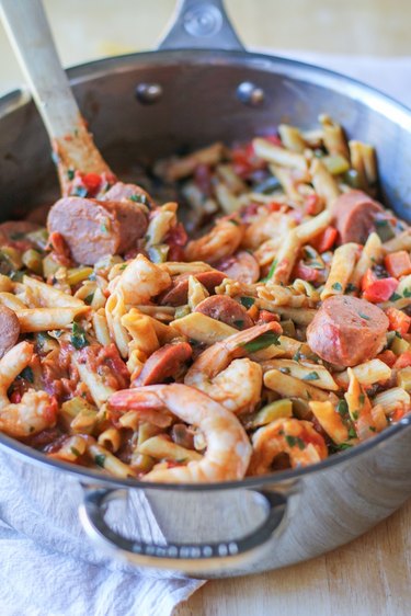 Pot of shrimp gumbo pasta