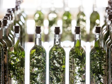 Bottle filling and preparation of traditional liqueur based on anise and moonshine with aromatic herbs, (herbero).