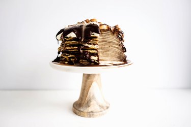 A finished Dark Chocolate and Caramel Crepe Cake.