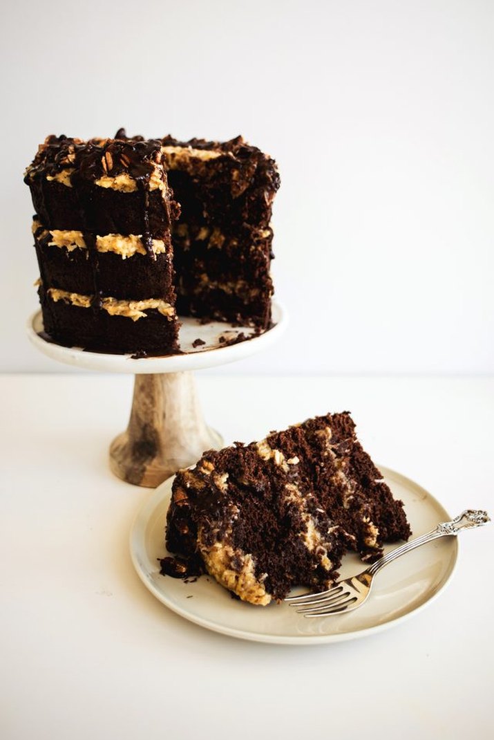 A three-layered German chocolate cake.