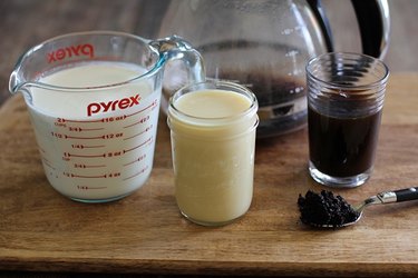 Ingredients for coffee ice cream in individual containers.