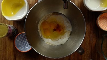 Mixing ingredients for healthy coconut flour low carb donuts.