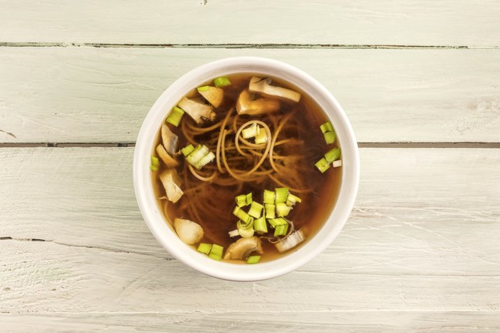 Miso soup with buckwheat soba, champignons, and green onions