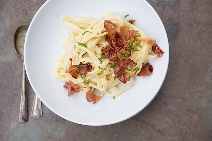 Prosciutto carbonara pasta.