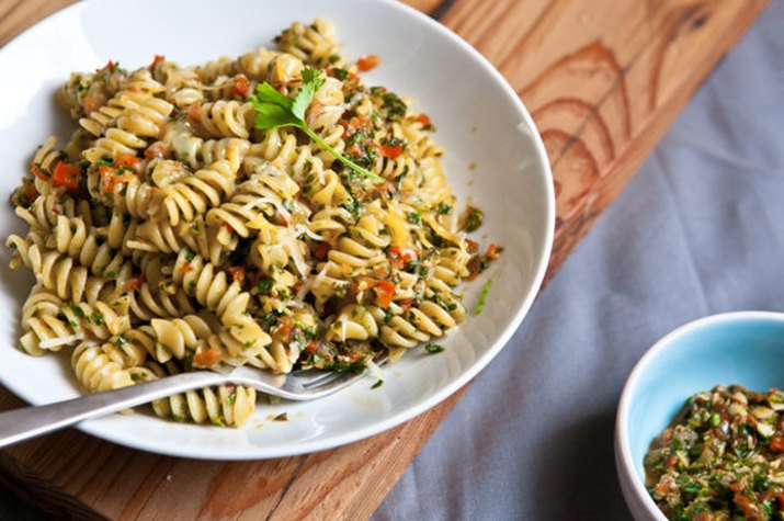 Rotini pasta coated with chipotle cilantro pesto sauce